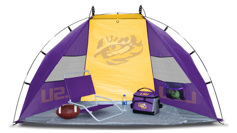 A LSU Tigers sideline sun shelter set up with a chair, cooler, football and water bottle - SKU: 00973035111
