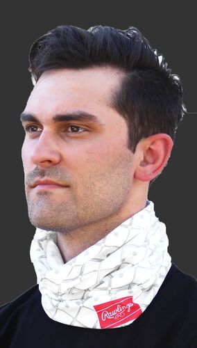 A guy wearing a white adult multi-functional neck gaiter around his neck - SKU: RC40005-100