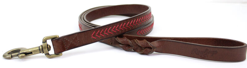 Close view of Rawlings Baseball Stitch Premium Leather Dog Leash - Brown