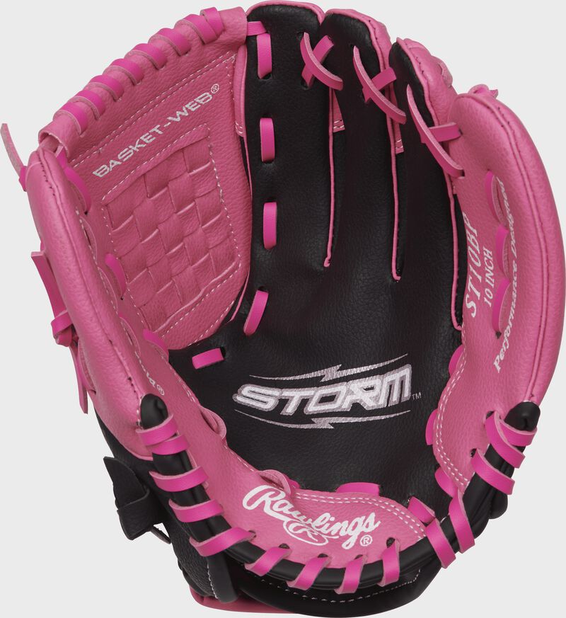 Black palm of a Rawlings Storm softball glove with pink thumb and pinky - SKU: ACAST10BP