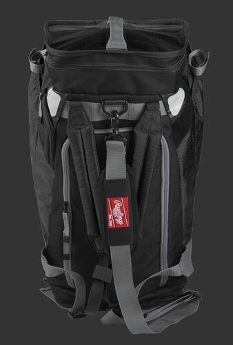 Front of a black R601 Rawlings Hybrid backpack/duffel bag with a gray strap and black arm straps