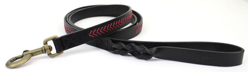 Close view of Rawlings Baseball Stitch Premium Leather Dog Leash - Black