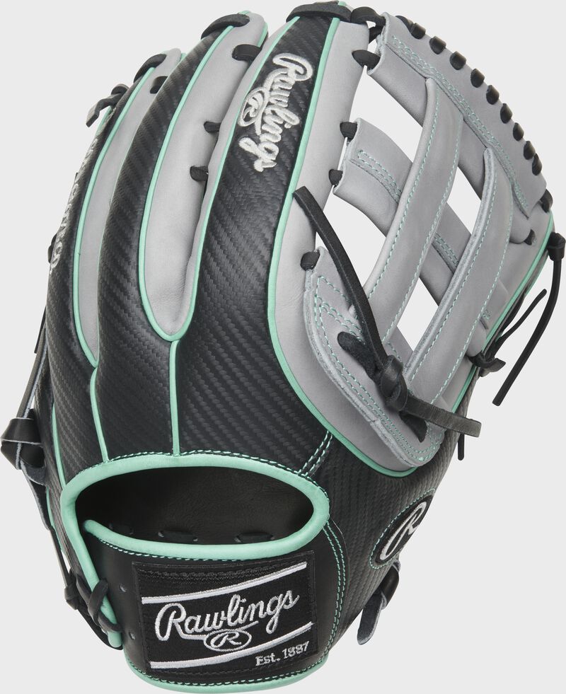 Shell back view of black, mint, and gray 2021 Heart of the Hide Hyper Shell outfield glove