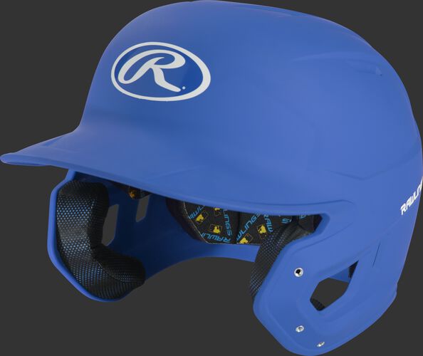 Left angle view of a matte royal MCH07A Mach high school/college batting helmet