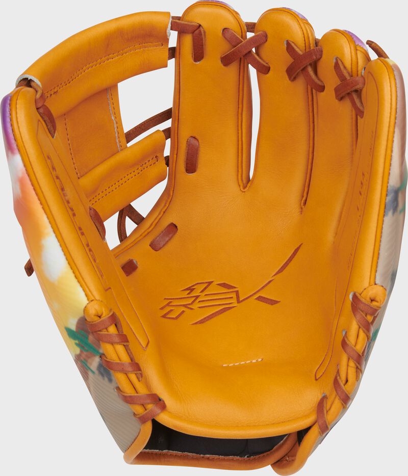 Tan palm of a Rawlings MLB Cactus League REV1X glove with purple laces - SKU: REV205-2XTPU