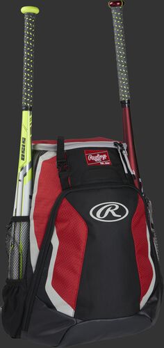 Right side of a black/scarlet R500 Rawlings baseball backpack with a white bat in the bat sleeve