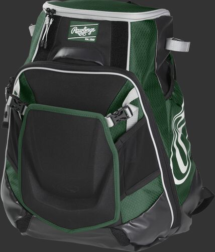 Front left of a dark green VELOBK Rawlings Velo equipment backpack with an Oval R logo on the side compartment