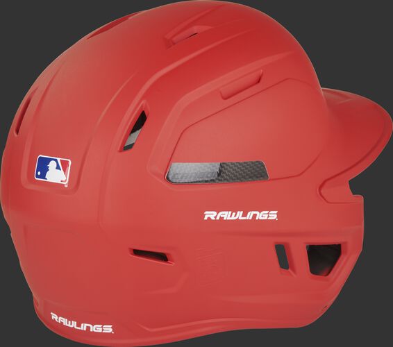 Back right of a matte scarlet CAR07A Rawlings high school/college batting helmet