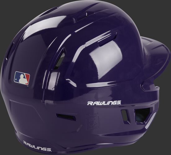 Back right of a MCH01A Rawlings high school batting helmet with a purple shell