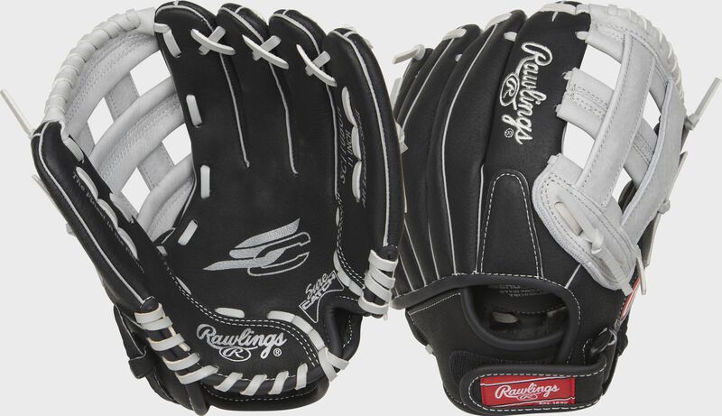 Two images showing the palm & back of a black Sure Catch 11" youth glove