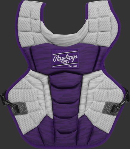 A purple/white CPV2N Rawlings Velo 2.0 intermediate chest protector with a striped pattern