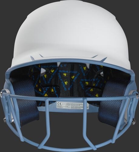 Front of a white/columbia blue Mach fastpitch softball helmet with a columbia blue mask - SKU: MSB13S-W/CB