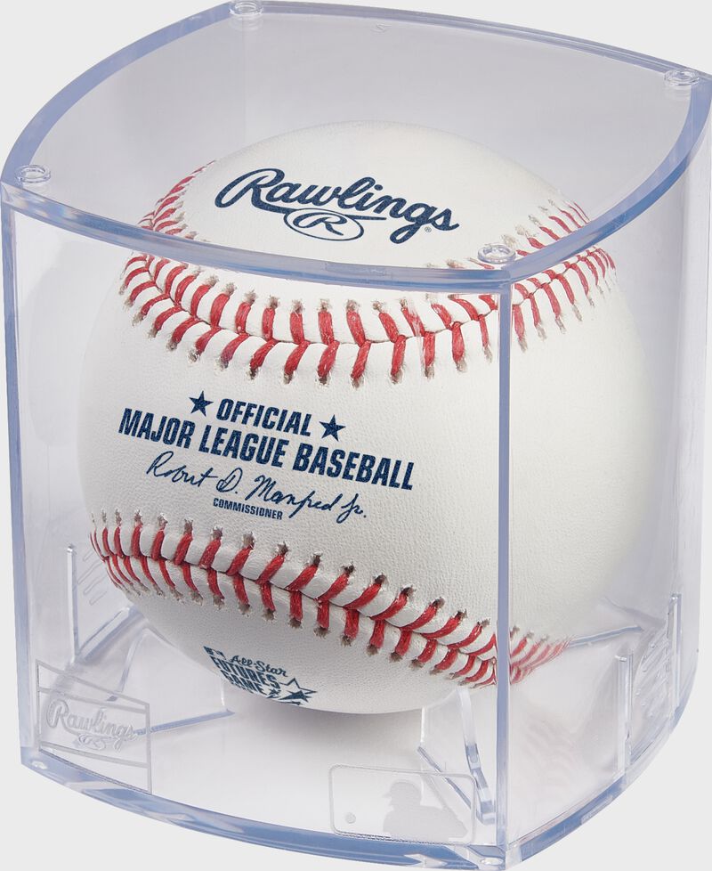 A 2025 MLB All-Star Futures Game baseball in a clear display cube