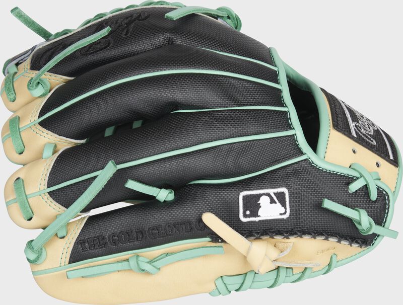 Pinky back view of black, camel, and teal 2021 Exclusive HOH R2G 11.5-inch infield/pitcher's glove