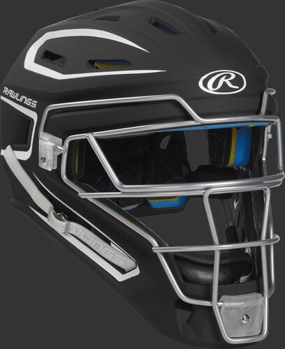 Front right of a black/white CHMCHS Rawlings Mach catcher's helmet