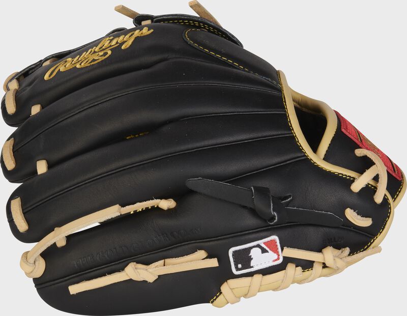 Black back of a Rawlings Select Professional 11.75" infield/pitcher's glove with the MLB logo on the pinky - SKU: SPS205-9B