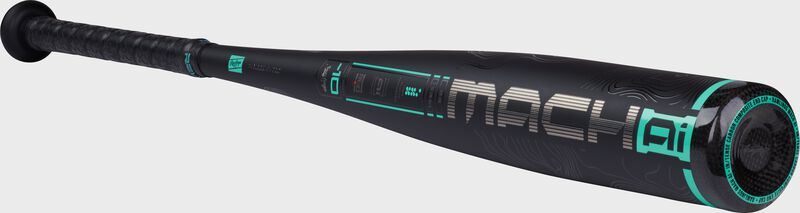 Angled image of a black Rawlings Mach AI -10 USSSA bat with the Mach AI logo on the barrel