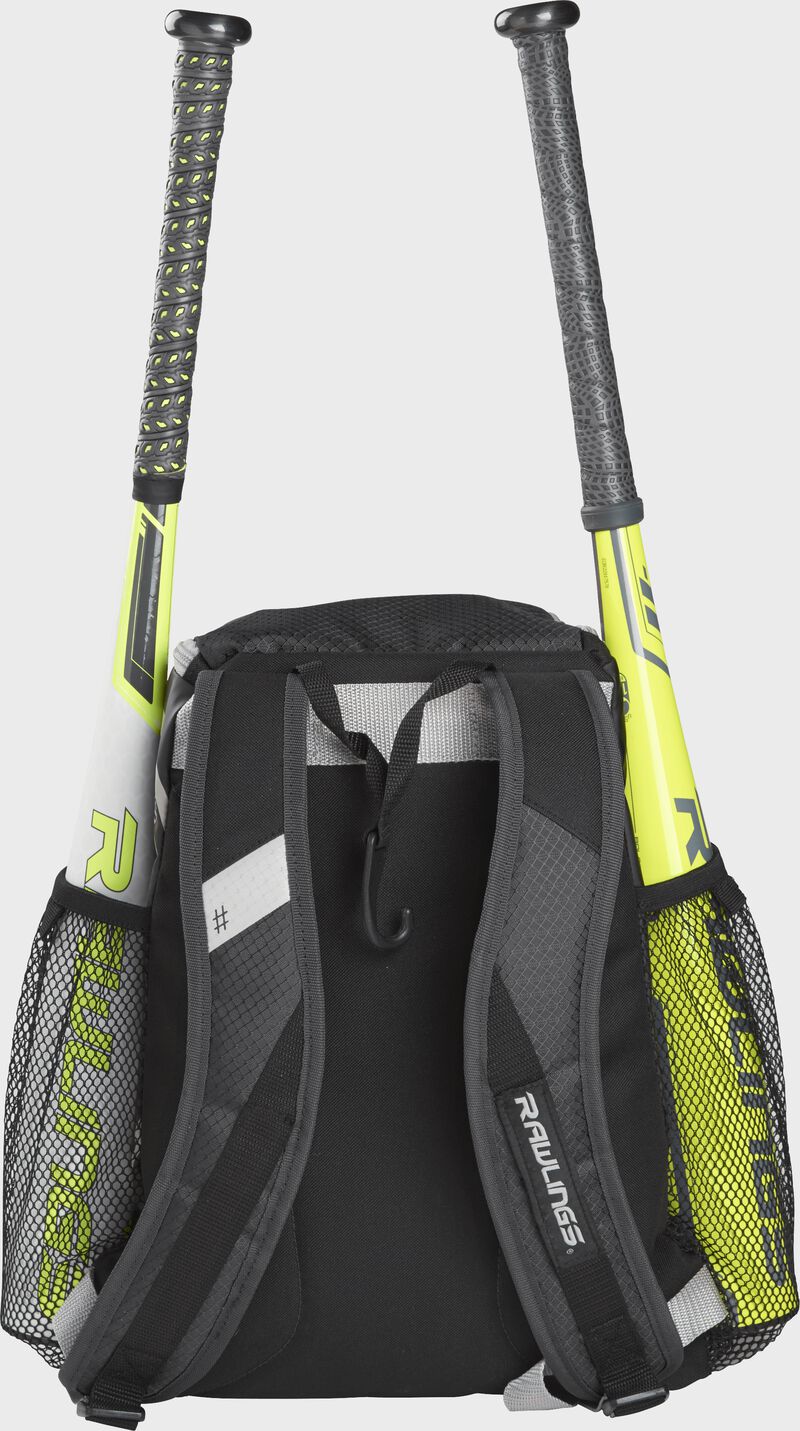 Rear view of a Black Rawlings Youth Players Team Backpack with two bats | SKU:R400-B
