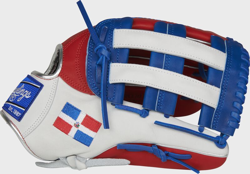 A white/scarlet PRO3039-6DR HOH Dominican Republic outfield glove with a white/royal H-web and DR flag on the thumb