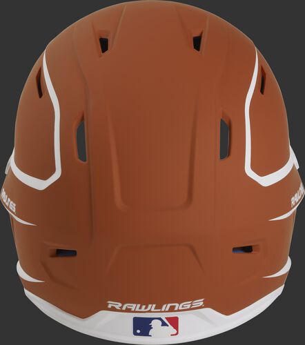 Back of an orange/white MACH high performance Junior helmet with the Official Batting Helmet of MLB logo