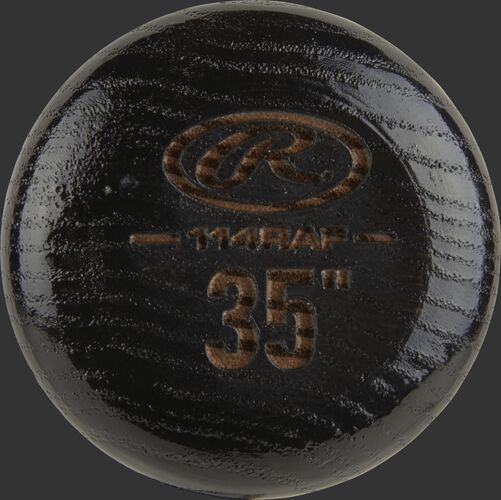 Black knob of a 114RAF Rawlings Northern Ash wood fungo bat
