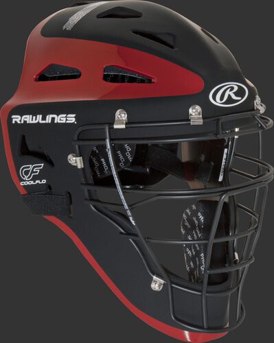 Front right of a black/scarlet CHVELY Rawlings Velo catcher's helmet