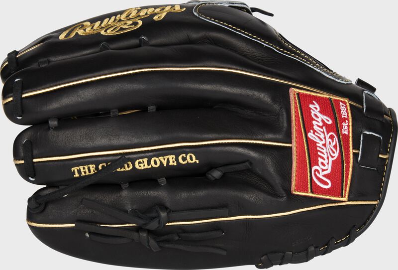 Back of a black Pro Preferred H-web outfield glove with a red Rawlings patch - SKU: PROS27HFBPRO