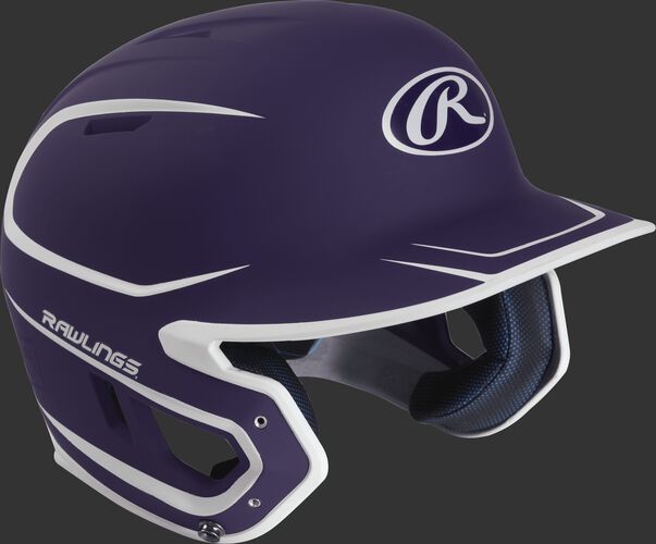Right angle view of a matte MACH Senior batting helmet with a purple/white shell