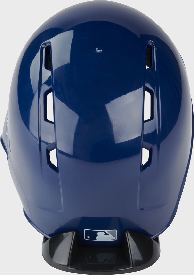 Back of a navy Yankees mini replica helmet