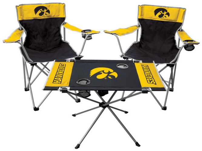 Front of Rawlings Yellow and Black NCAA Iowa Hawkeyes 3-Piece Tailgate Kit With Two Kickoff Chairs, An Endzone Table, And A Transport Bag With Team Logo SKU #00993075511