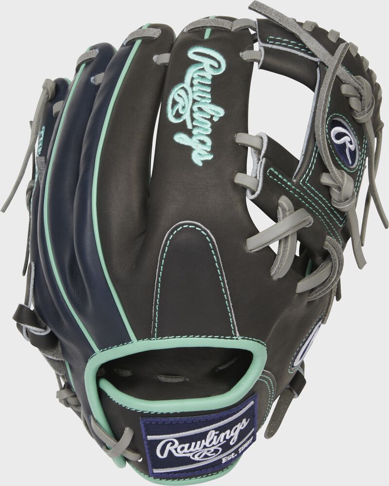 Back of a dark shadow Heart of the Hide 11.5" ContoUR fit I-web glove with a navy Rawlings patch - SKU: PROR204U-2DS