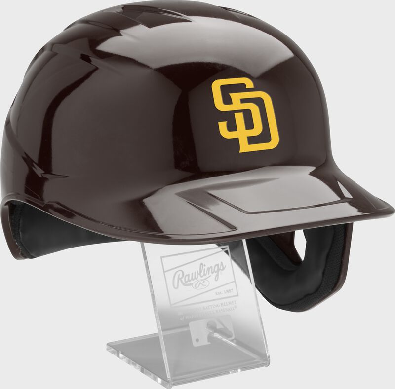 Front right of a MLB San Diego Padres replica helmet - SKU: MLBMR-SD