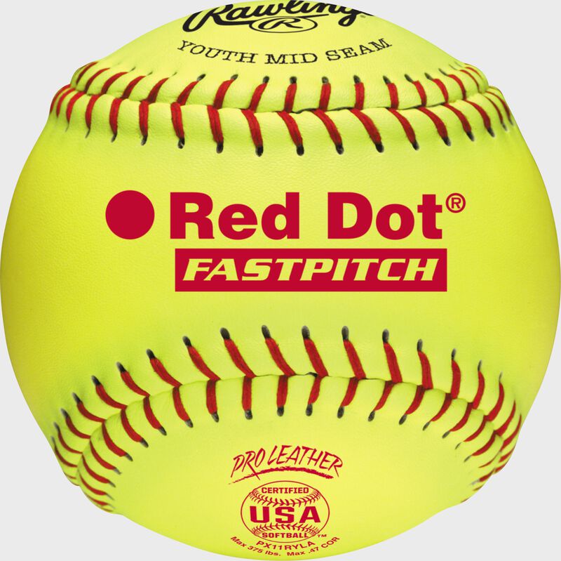 A yellow PX11RYLA USA NFHS 11-inch Red Dot softball with red stitching