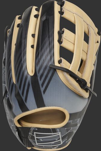 Black/gray 3D molded back of a REV1X 12.75-inch H-web outfield glove - SKU: REV3039-6