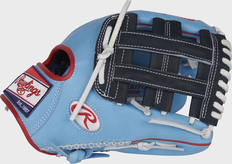 Columbia blue thumb of a Heart of the Hide R2G ColorSync 6.0 12.25-Inch glove with a navy H-web - SKU: PRORKB17CB