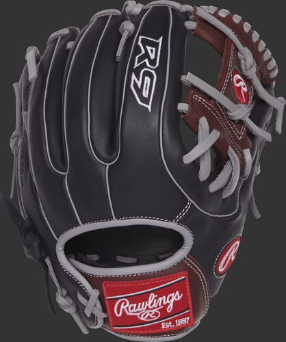 Back view of a R9314-2BSG 11.5-inch R9 Series infield glove with a black back and grey double-welting