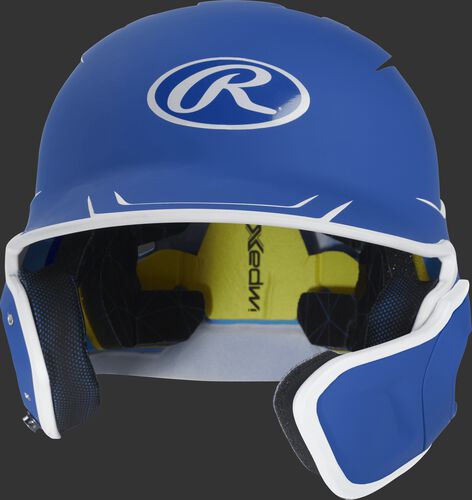 Front of a matte royal/white MACHEXTR senior size Mach batting helmet with face guard extension for right hand batters