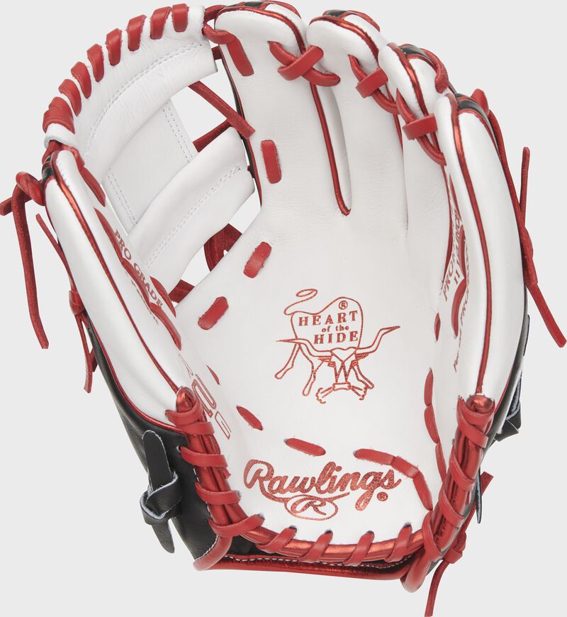 White palm of a Rawlings Heart of the Hide R2G glove with scarlet laces and scarlet stamping - SKU: RSGRPROR934-2WB