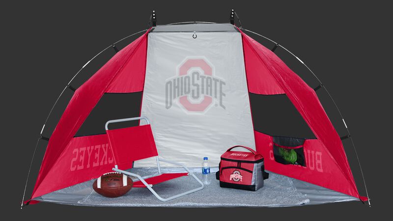 Back of an Ohio State Buckeyes sun shelter with a Buckeyes logo in the middle set up on a field - SKU: 00973042111