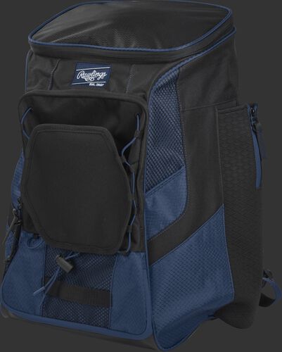 Front left of a navy/black R600 Rawlings backpack without bats