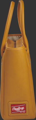 Front of a tan HOHTOTE2 Heart of the Hide large tote bag with the Rawlings patch