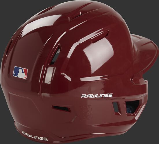 Back right of a MCH01A Rawlings high school batting helmet with a cardinal red shell