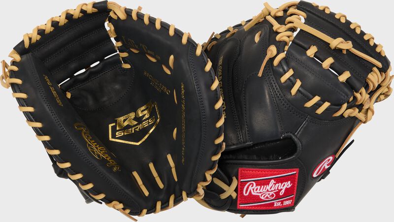 Two images showing the palm & back of a black/camel Rawlings R9 ContoUR 32-Inch Catcher's Mitt