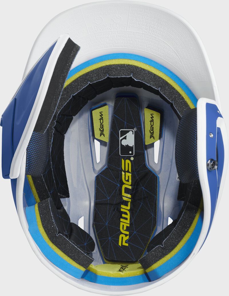 Inside of a MACHEXTR Rawlings MACH baseball helmet with IMPAX durable foam padding