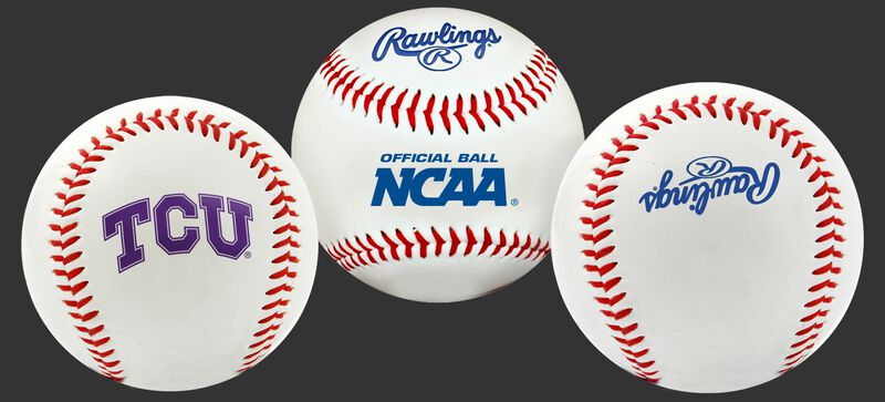 3 views of a NCAA TCU Horned Frogs baseball with a team logo, NCAA logo and Rawlings logo