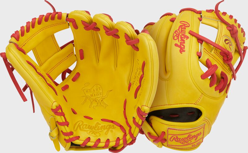 Two images showing the palm & back of a yellow Heart of the Hide ContoUR Fit 11.5-Inch Infield Glove