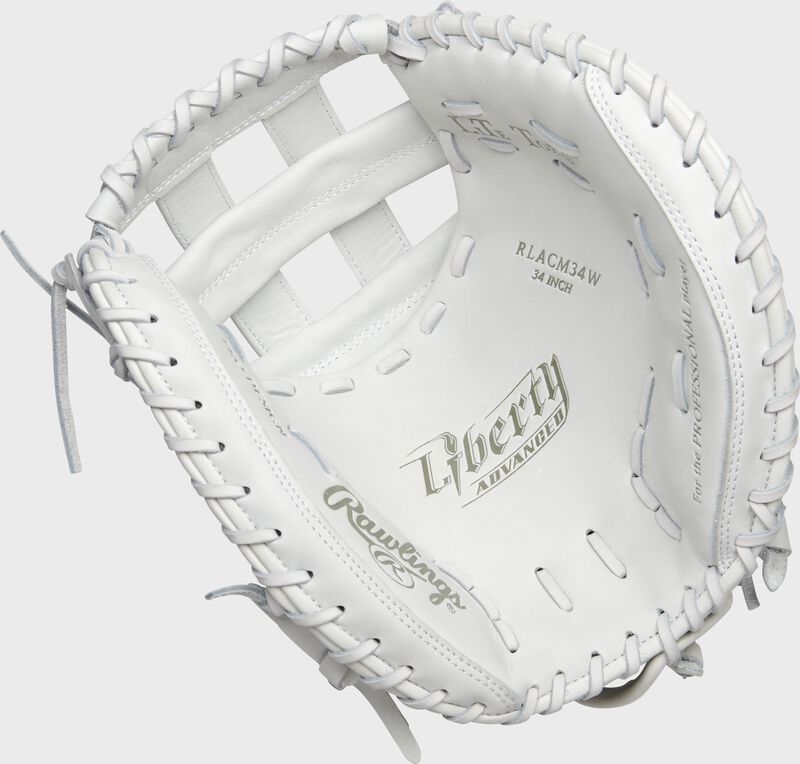 Palm of a white Rawlings Liberty Advanced catcher's mitt with white laces - SKU: RLACM34W-3/0
