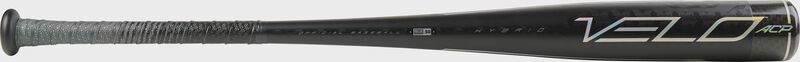 Barrel of a black BBZV3 2020 Velo ACP BBCOR bat -3 with silver accents and black/silver grip