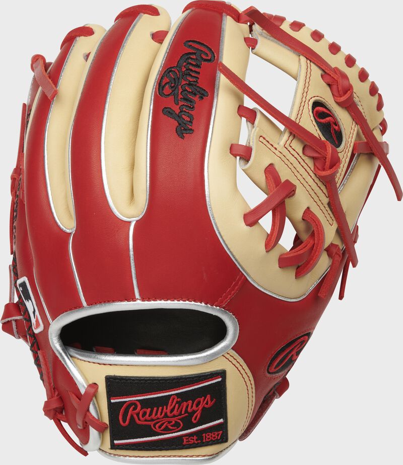 Scarlet back of a HOH R2G I-web glove with a black Rawlings patch - SKU: PROR314-2SC loading=
