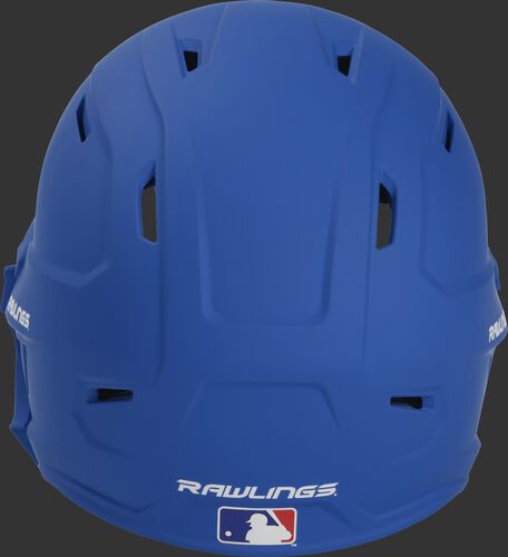 Back of a MACHEXTR high performance junior MACH helmet with a matte royal shell and Official Batting Helmet of MLB logo
